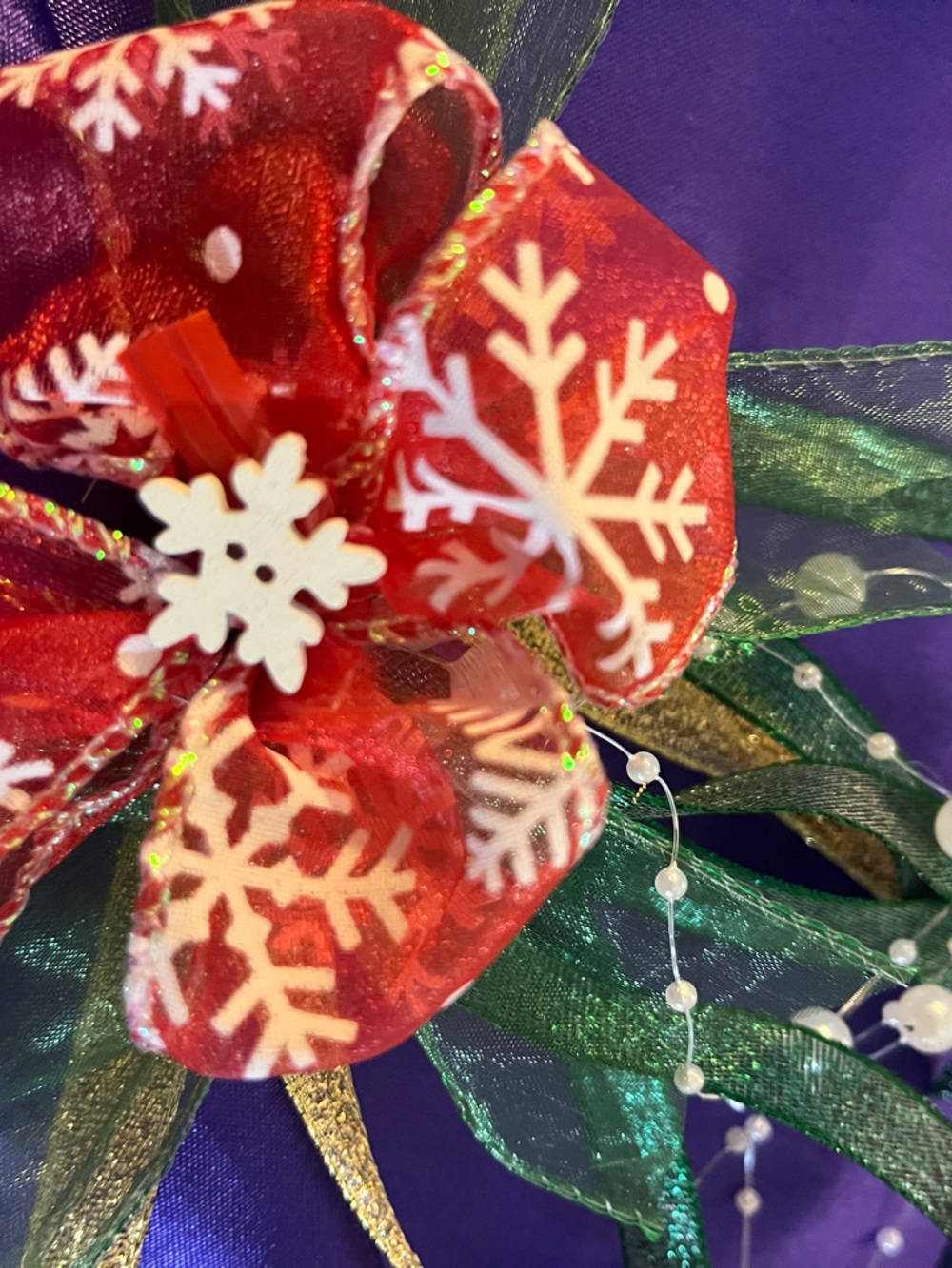 Handmade Christmas Fancy Bow Red Snowflake Ribbon Green Organza, Pearls 34
